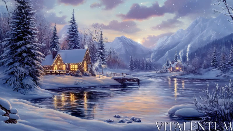 Snowy river cabins with warm lights at winter sunset.