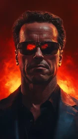 Steel‑jawed sentinel before inferno, sunglasses catching fire.