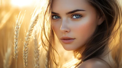 Sunlit portrait captures blue-eyed woman in golden wheat field.