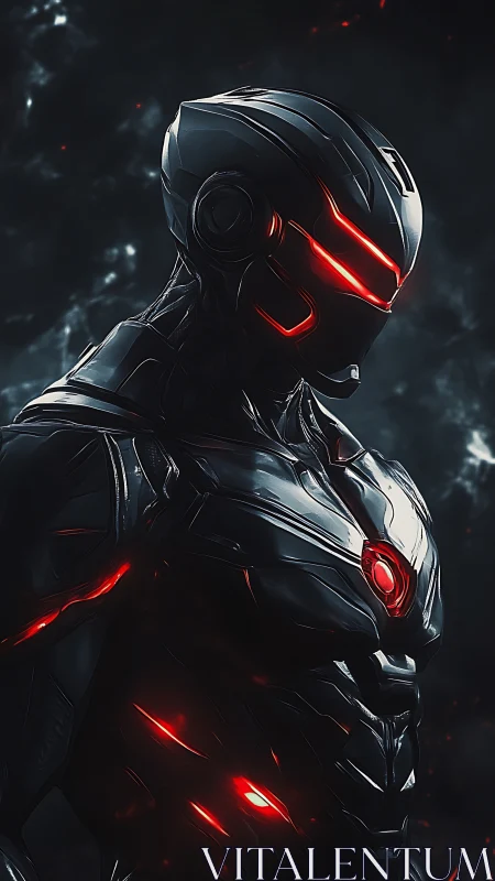 Armored humanoid figure exhibits illuminated red visor and core