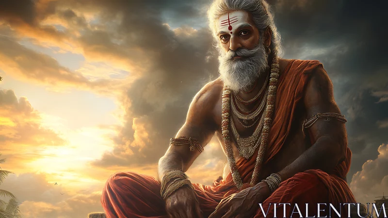 Elderly Hindu sage in saffron robes under dramatic sunset sky