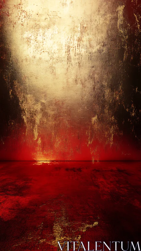 Textured red floor and gold wall in abstract interior space.