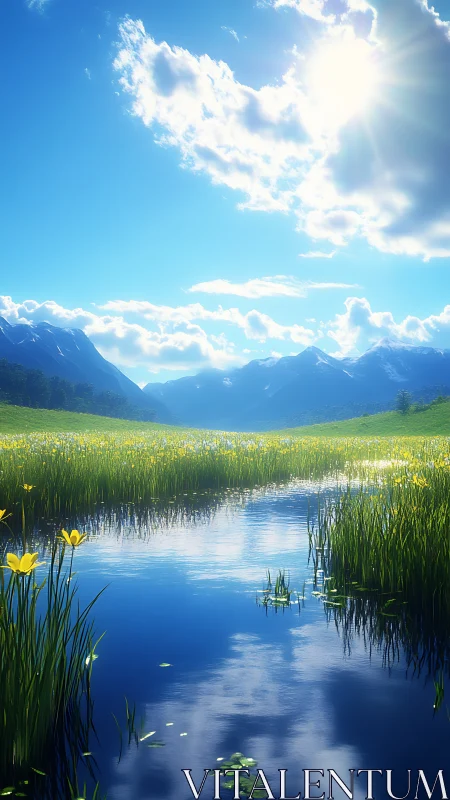 Rendered alpine valley stream reflects bright midday sun