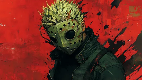 Masked cyberpunk enforcer with spiked hair against scarlet field