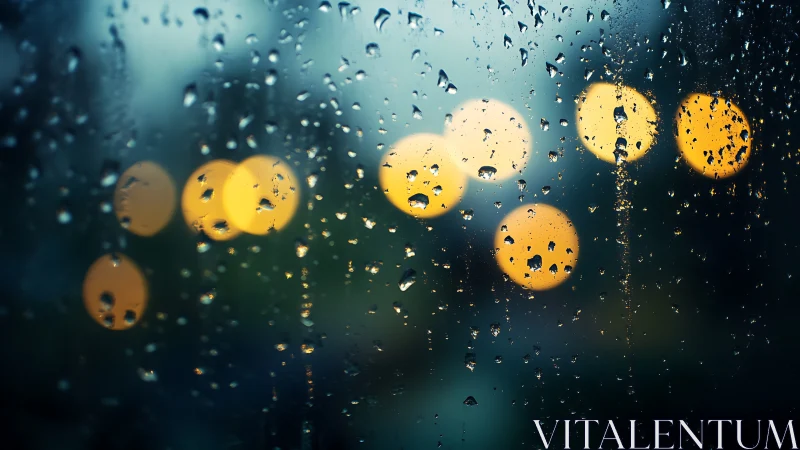 Rain-soaked glass surface captures bokeh city lights at night