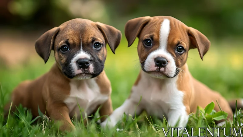 Two brown boxer puppies rest alertly on soft green grass
