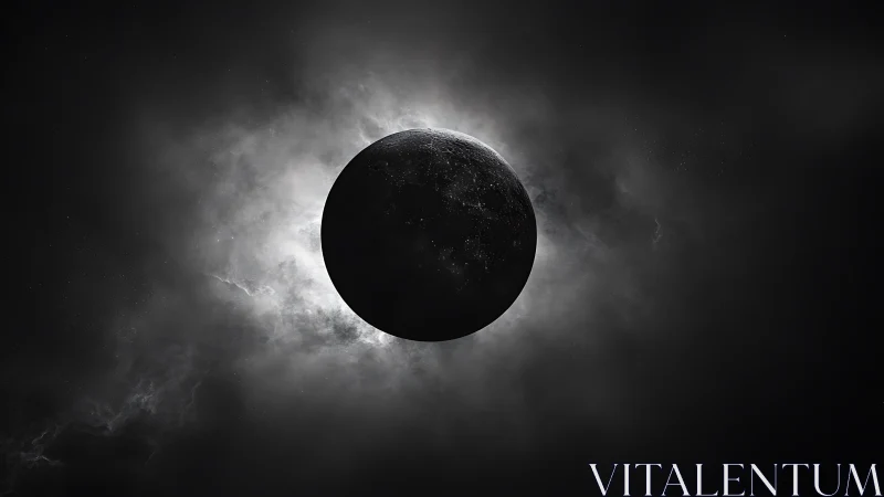 Lunar silhouette framed by haloed nebular backlight in space.