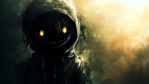 Hooded void figure with luminous eyes on high contrast background