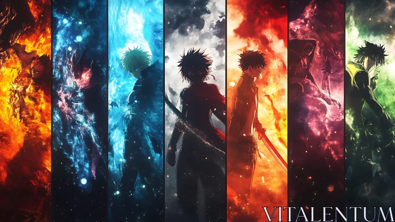 Elemental anime silhouettes align across vertical nebula panels