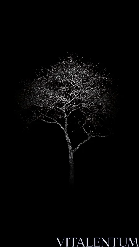 Lone winter tree glowing softly in the deep night sky.