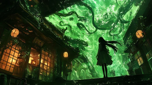 Silhouetted figure observes luminous green vortex above alley
