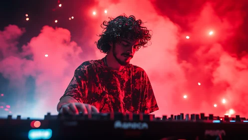DJ performs live behind mixer in red smoke-filled lighting