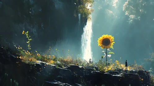 Digital fantasy landscape with monumental sunflower focus.