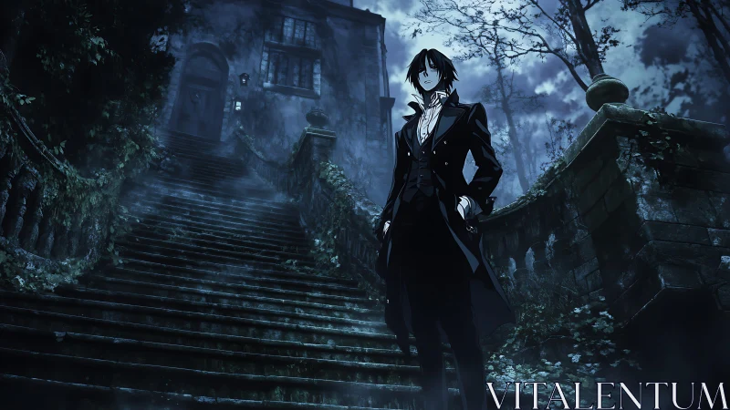 Gothic noble stands before misted ivy-clad staircase at night.