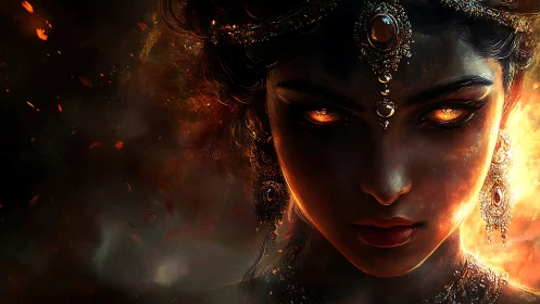 Fiery eyed woman stares forward amid glowing embers