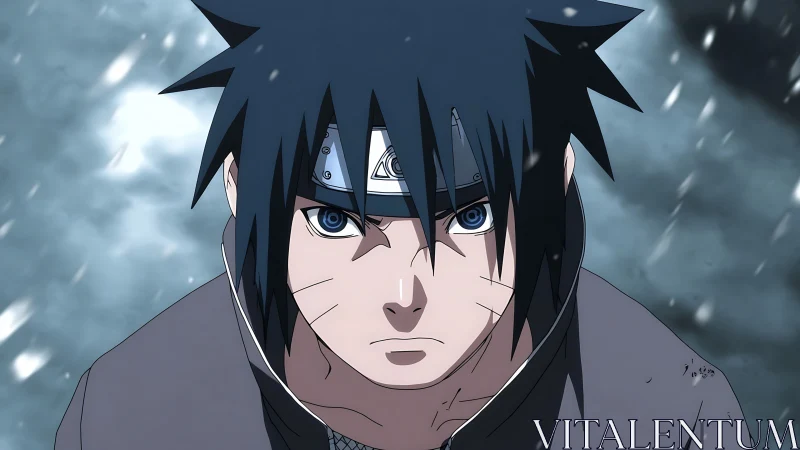 Storm-eyed ninja stands steady beneath swirling snowfall.