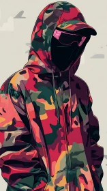 Hooded figure in neon camo jacket with masked, hidden face.