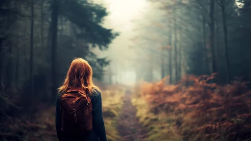 Figure with Red Backpack in Forest Setting