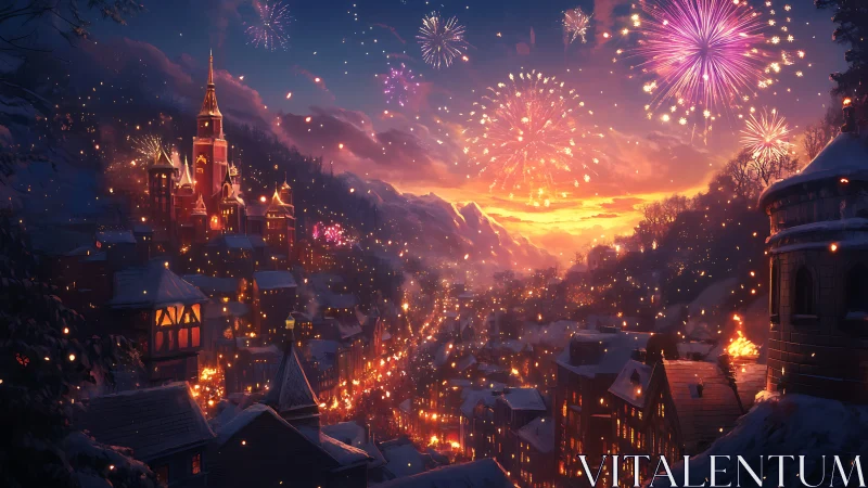 Snowlit festival town under spellbound twilight fireworks.