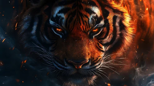 Infernal tiger portrait with blazing embers and smoke.