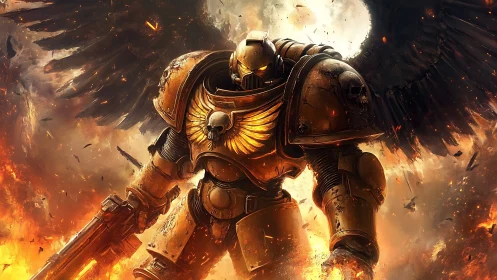 Winged war machine strides through molten twilight storm