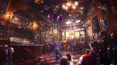 Crowded game-themed bar interior with numerous cartoon figures.