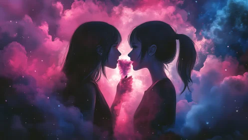 Two Silhouetted Figures Against Luminous Cloud Formations.