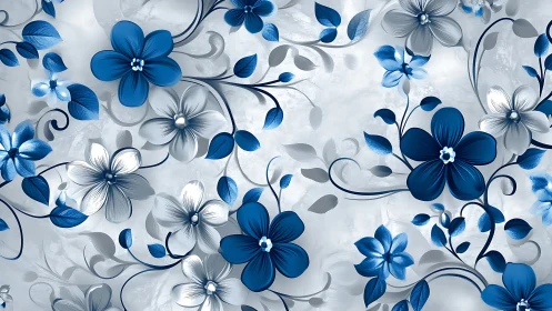 Blue and White Floral Composition with Ornamental Botanical Elements