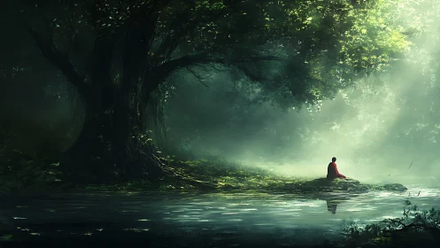 Solitary monk meditates beside misty forest river