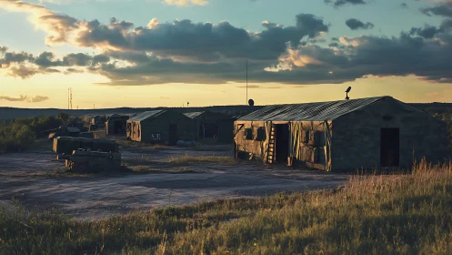 Military field camp with canvas huts at sunset.