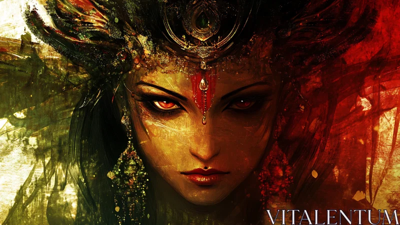 Enigmatic fire goddess portrait rendered in vivid digital strokes