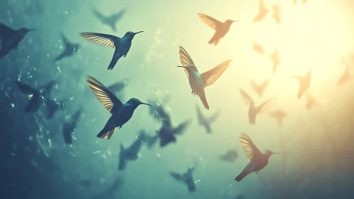 Hummingbirds in Flight Against Soft Sunlight, Dreamy Artistic Style.
