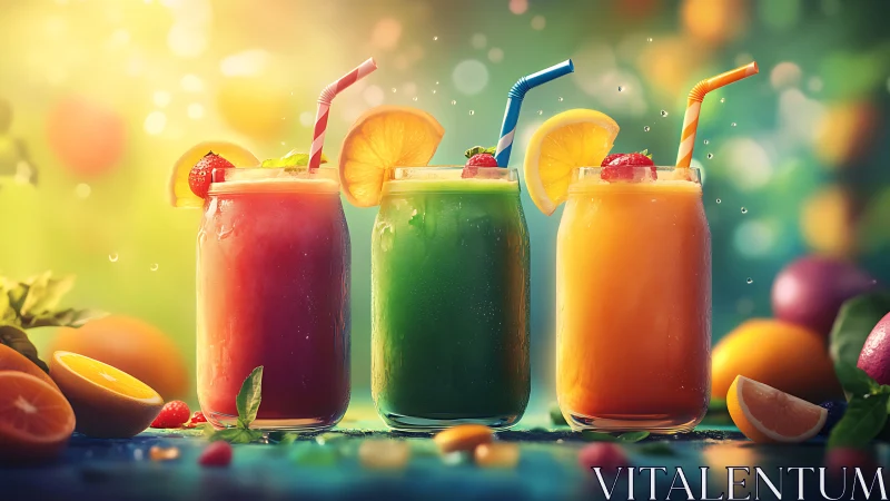 Three fruit beverages in glass containers with straws.