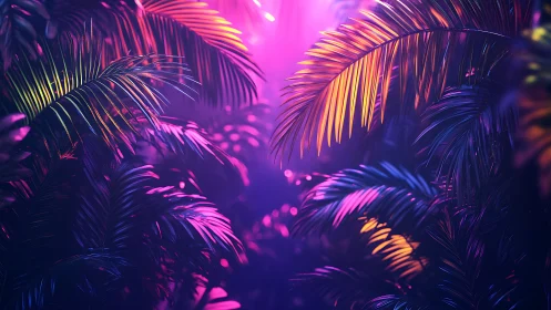Neon lit palm leaves fill a dense jungle scene at night