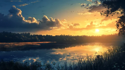 Golden evening sun settles softly over a peaceful lakeside
