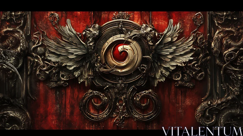 Winged metal crest unfolds over a fiery red ornate wall