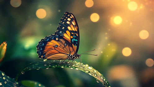 Butterfly on dew covered leaf in soft defocused background.