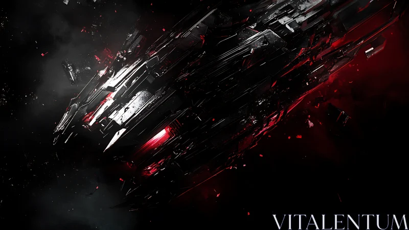 Shattered starship drifting through a red-tinted cosmic void.