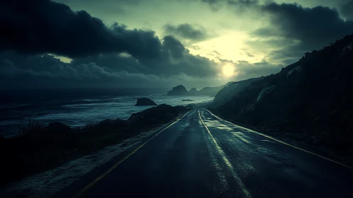 Coastal highway at dusk with wet asphalt and storm cloud horizon
