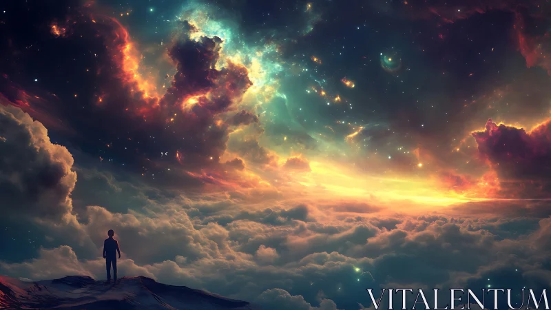 Solitary figure watching surreal cosmic sky over clouds.
