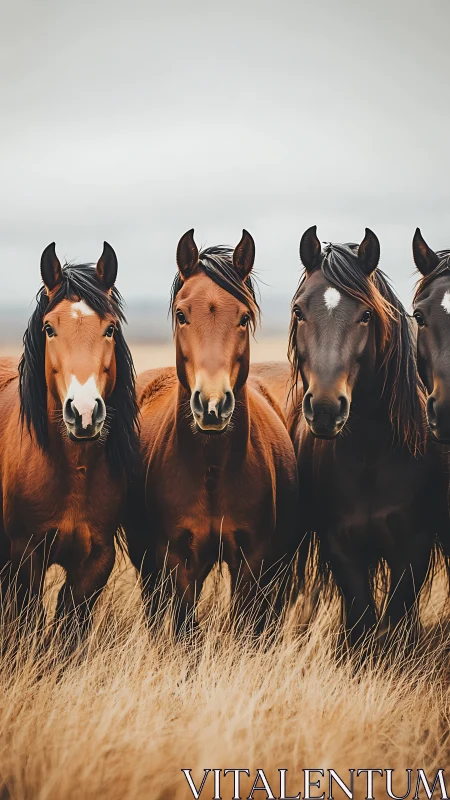 Four curious horses quietly rearrange the autumn prairie