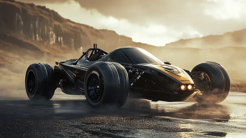 Low-slung experimental hypercar on misty basalt highway at dawn