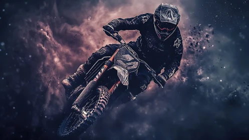 Motocross rider carves dark airborne turn through dust