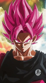 Pink haired anime fighter in black gi under vivid sky.