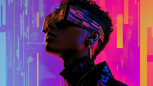 Cyberpunk profile with neon visor and abstract lights.