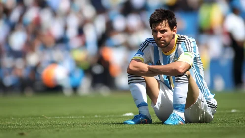 Quiet sideline moment with a reflective soccer star.