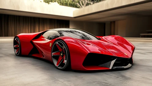 Low-slung red hypercar with extreme aero sculpting and glossy reflections