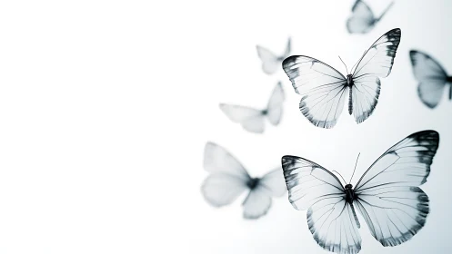 Quiet ballet of translucent butterflies in soft flight.