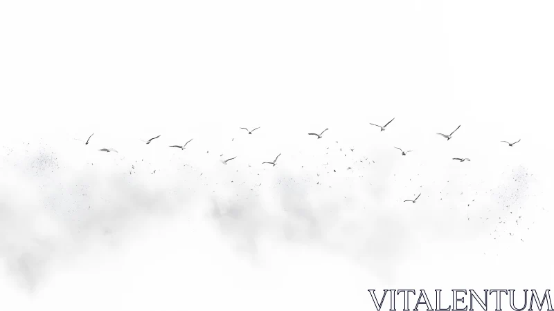 Minimalist seagull formation intersects diffuse atmospheric haze