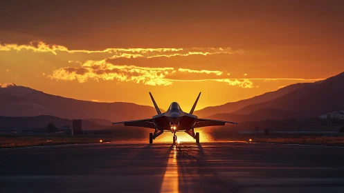 Stealth fighter jet awaits takeoff against a blazing sunset sky